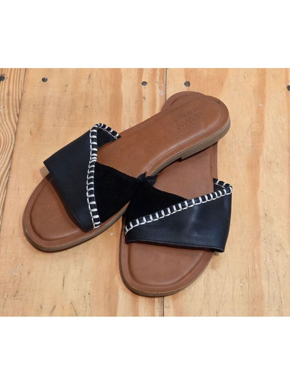 TOMS Women's Black Slide Sandals with White Stitching Size 8.5